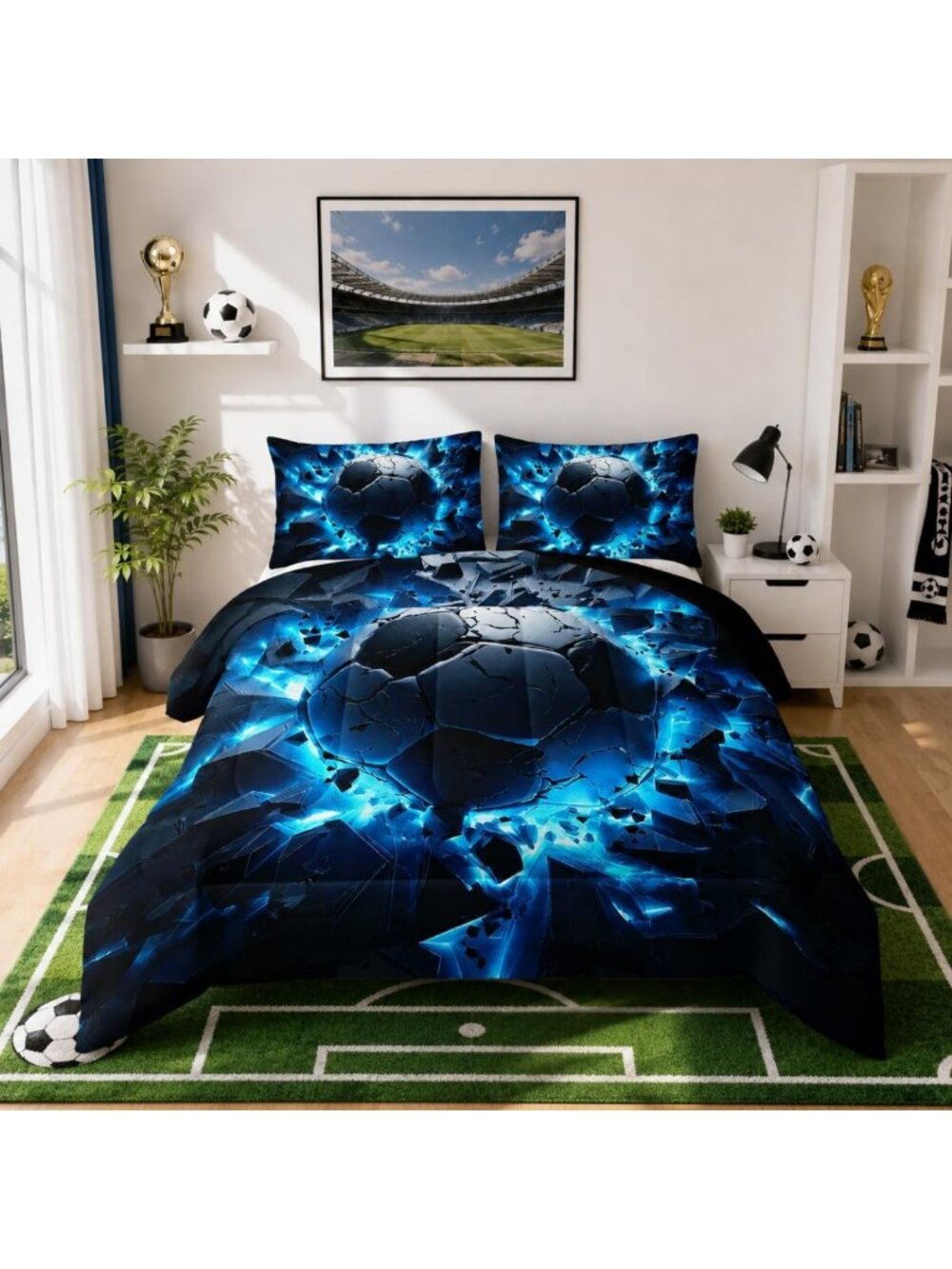Soccer Comforter Set Queen - Blue Black Football Bedding for Kids & Teens, 3 PCS